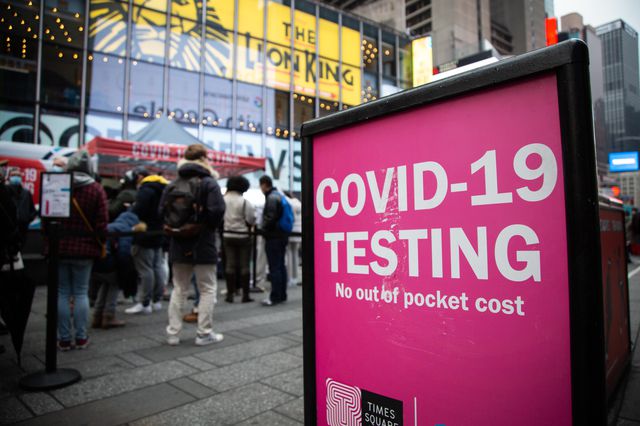Crowds line up in Times Square on December 18, 2021 to get tested for COVID-19 as cases sharply rise in the city ahead of the holidays.